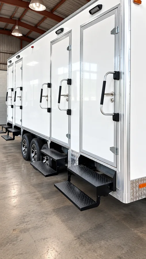 Exterior of a multi-entry shower and restroom trailer