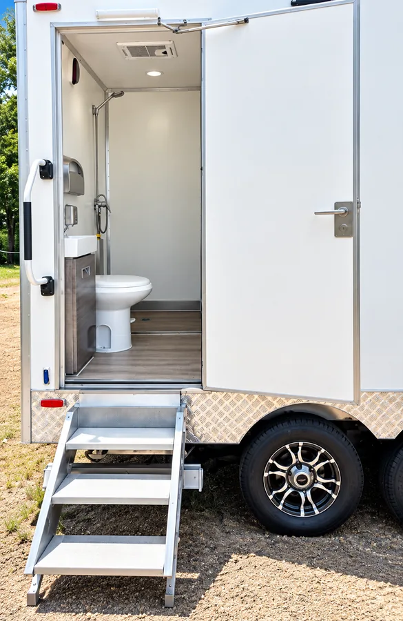 Exterior of a long multi-entry shower and restroom trailer