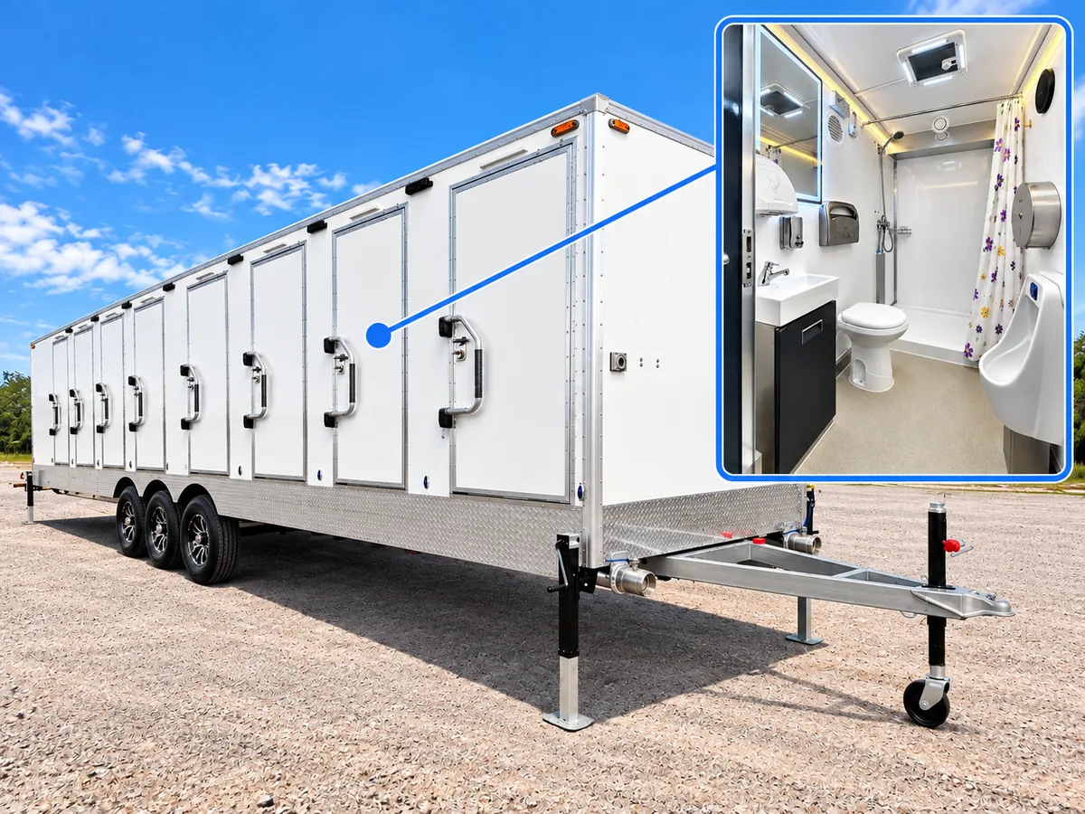 Multi-entry shower and restroom trailer exterior