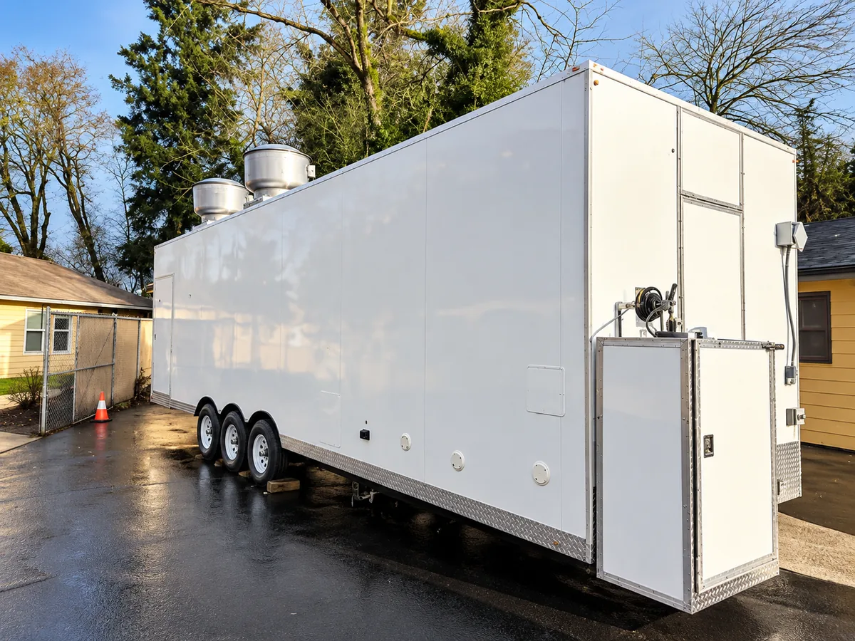 White temporary kitchen trailer exterior