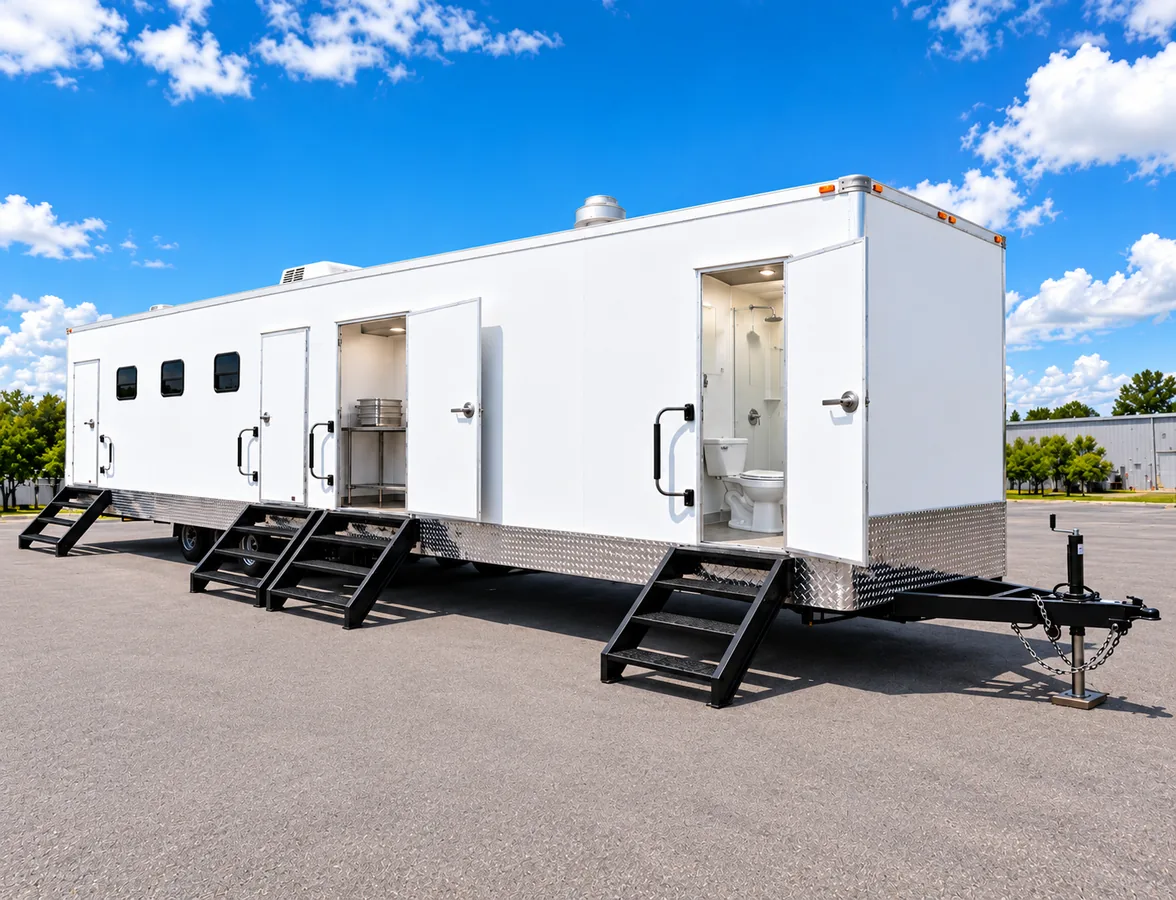 Multifunctional trailer exterior with several rooms and entrances