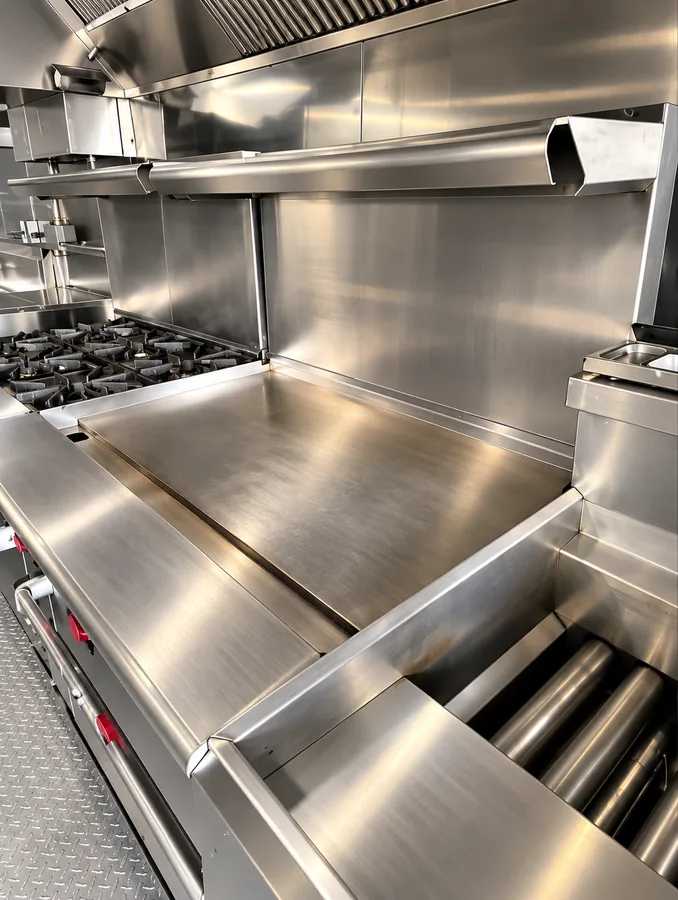 Flat-top griddle and range in a commercial kitchen trailer