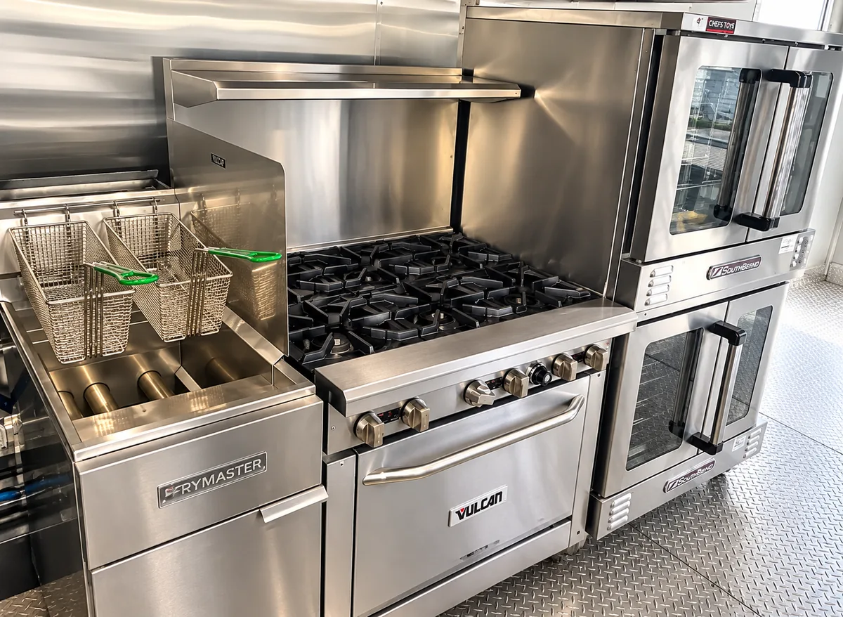 Deep fryer, gas range and ovens in a kitchen trailer