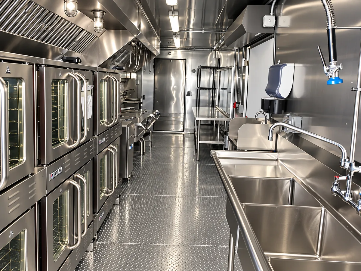 Ovens, washing station and preparation area in a trailer