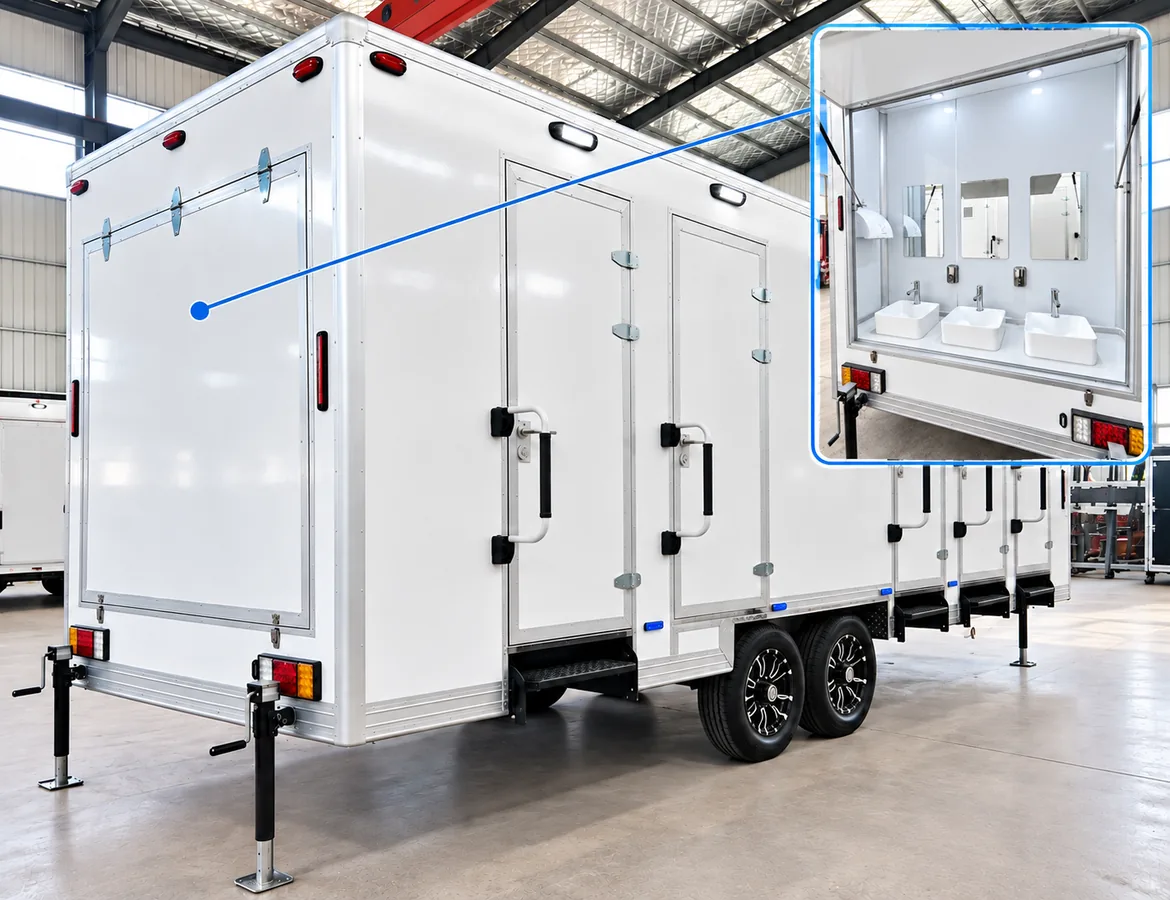 Shower trailer exterior with a handwashing sink area