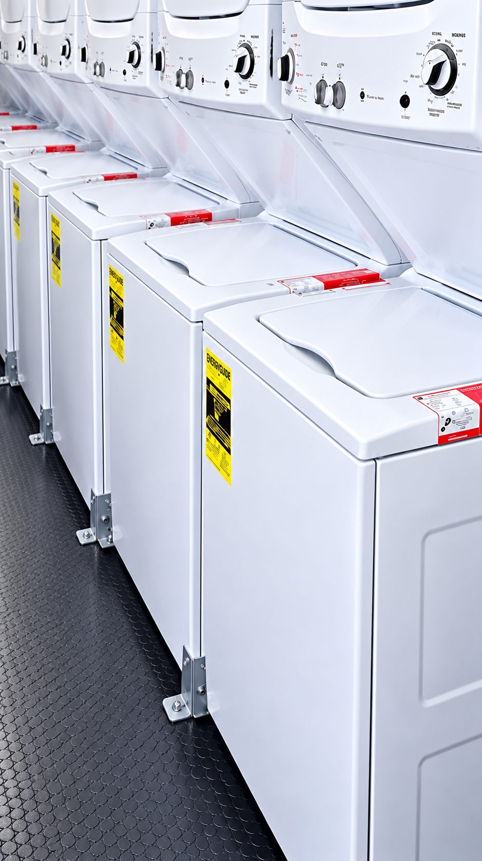 Close view of multiple washing machines in a trailer