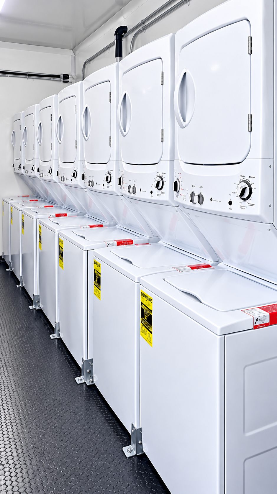 Row of stacked washing and drying machines in a trailer