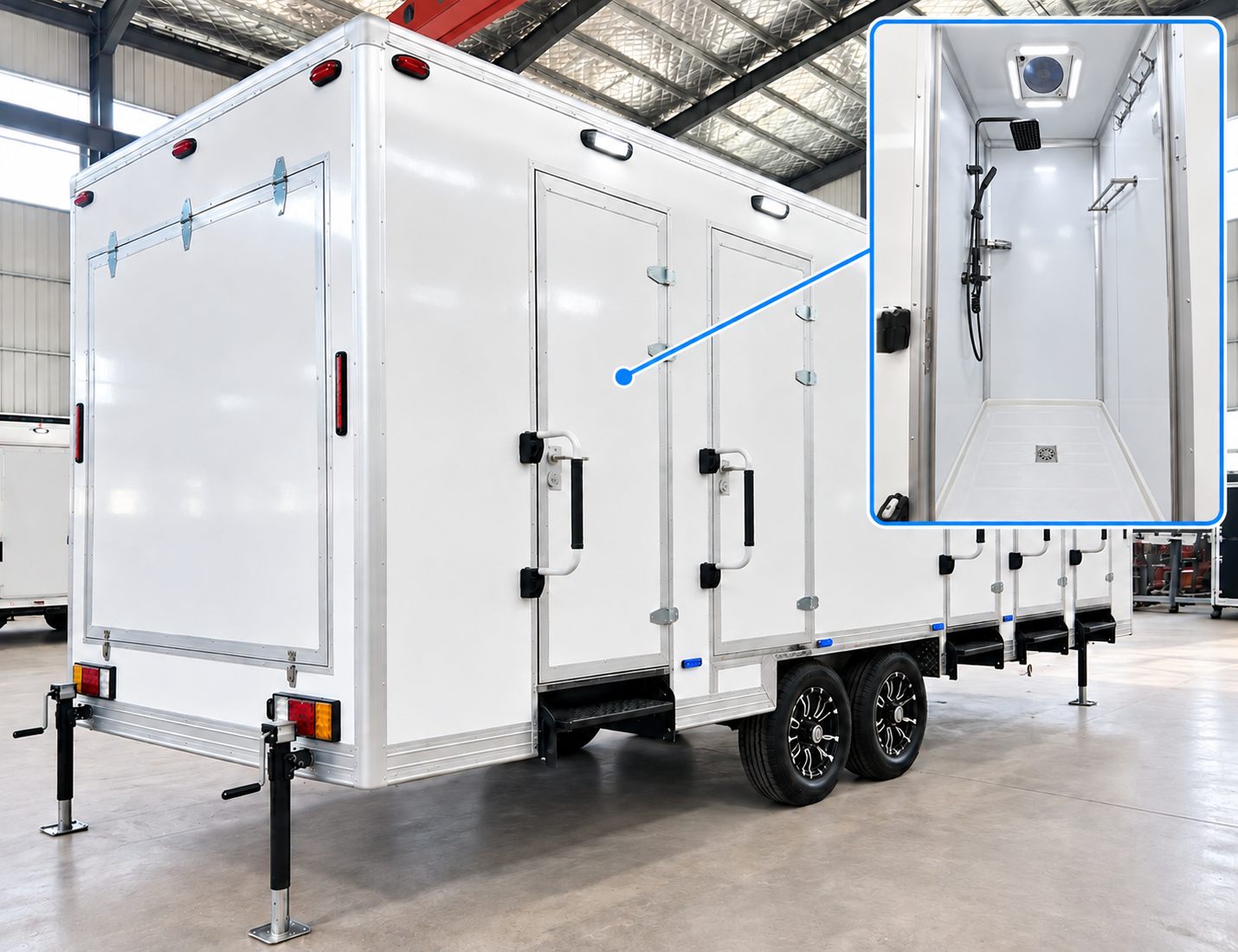 Multi-door trailer with an inset view of a shower stall