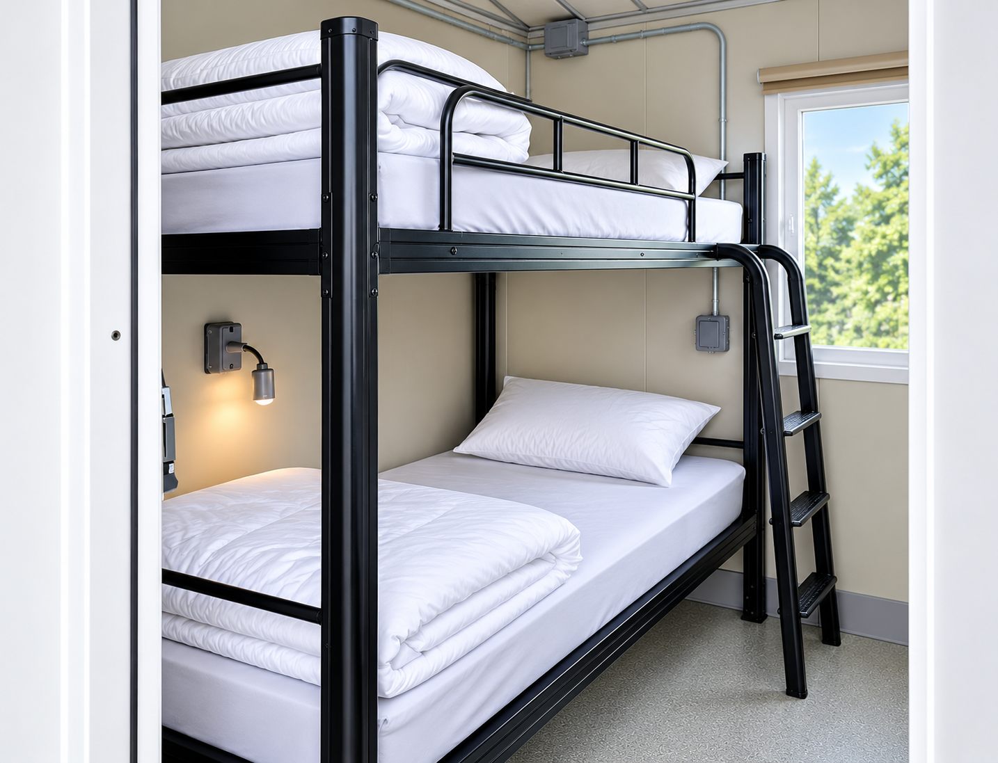 Bunk beds inside a compact temporary sleeping room