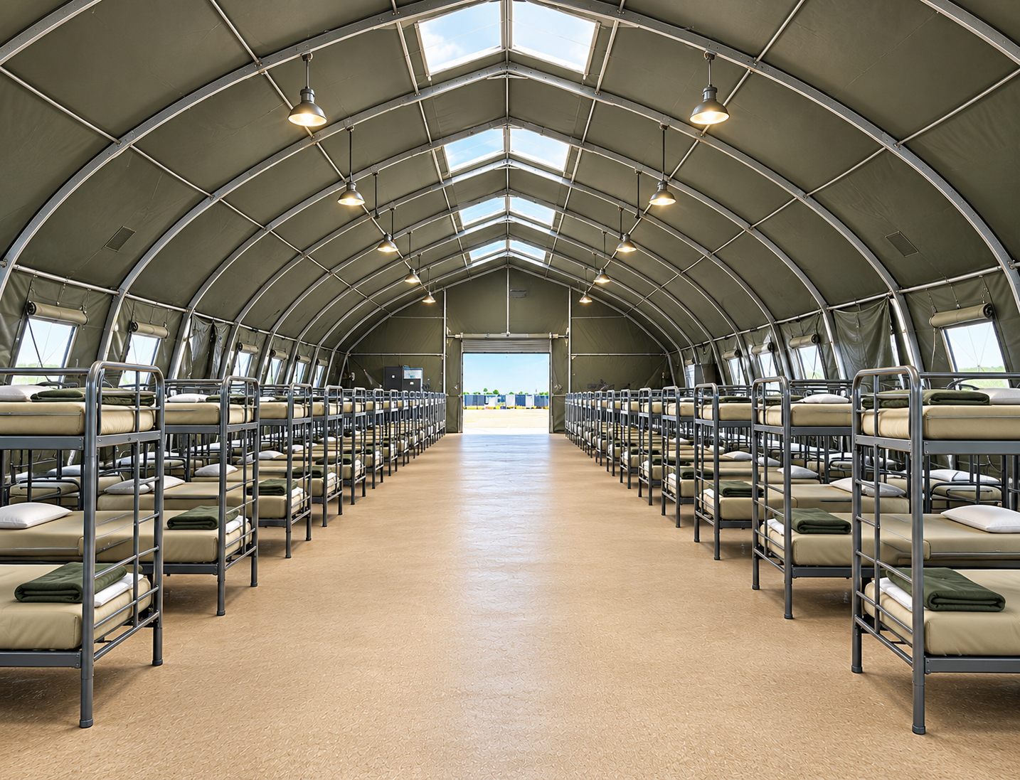 Large bunkhouse interior with rows of beds and a central aisle