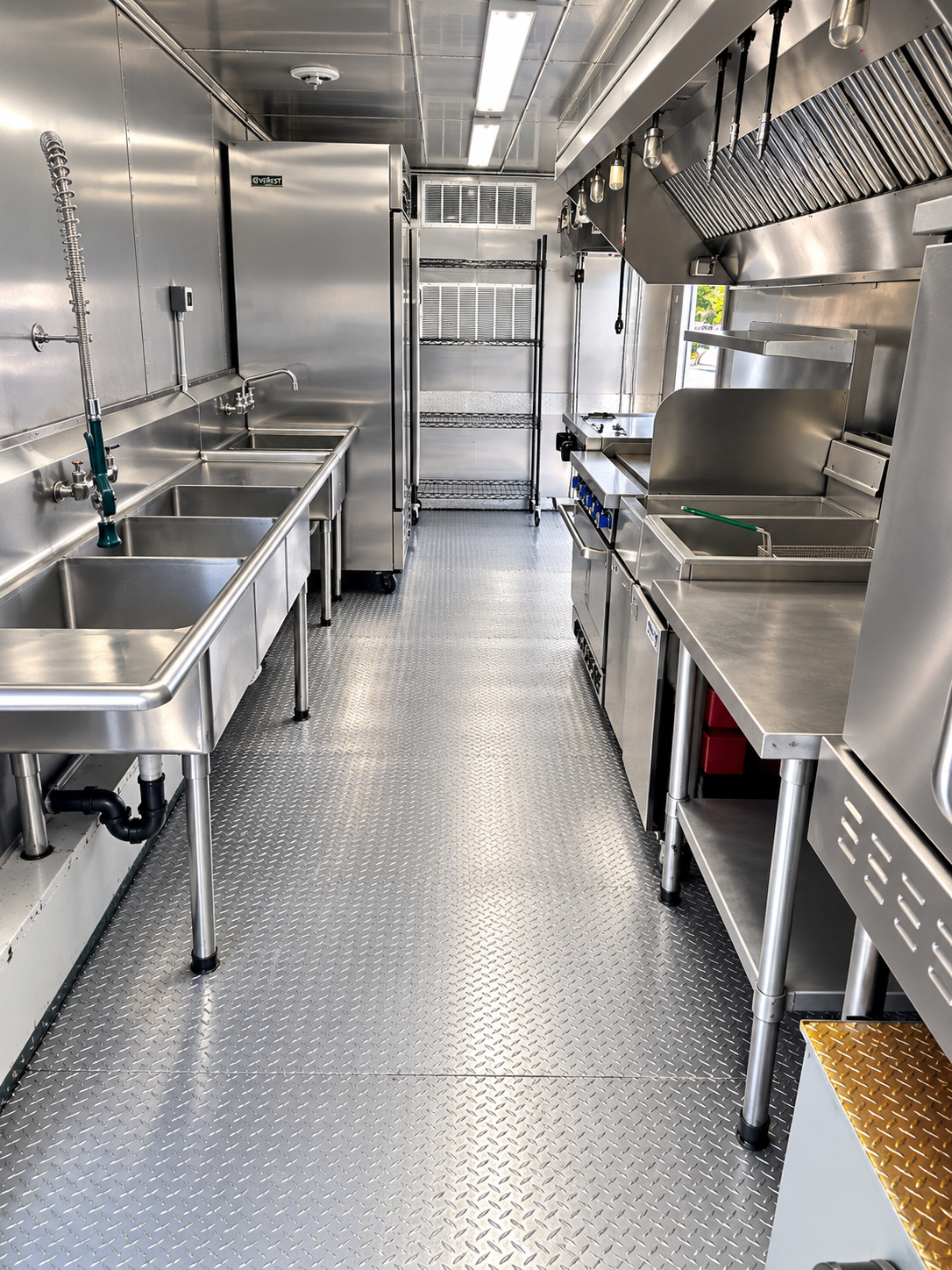 Commercial cooking equipment under a kitchen hood