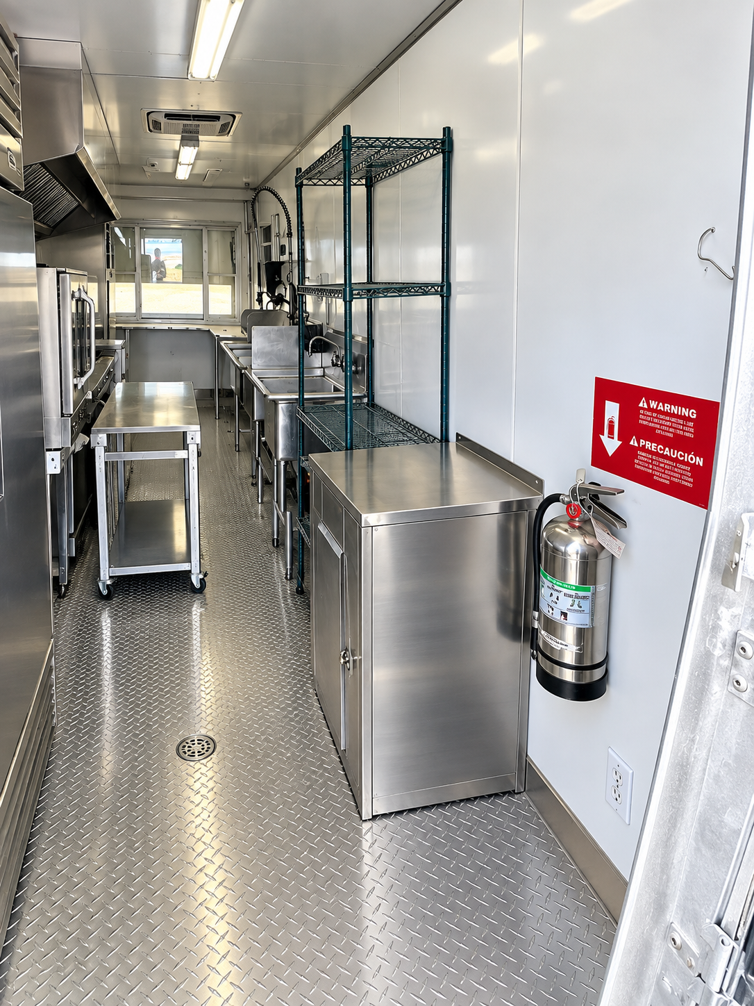 Preparation table and washing equipment inside a kitchen trailer